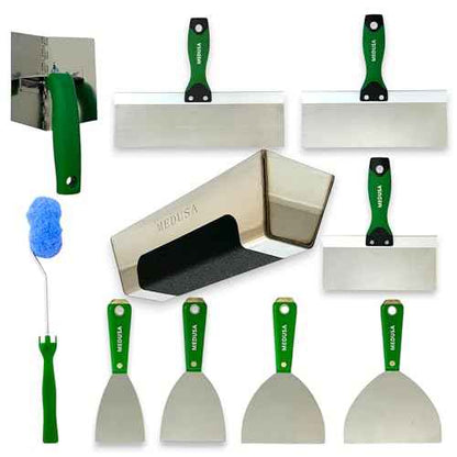 MEDUSA S.S. Drywall Taping Tool Set with Adjustable and reversible S.S. Angle Tool, Removable and Replaceable Corner Mud Roller and Professional Grade S.S. Mud Pan with Grip