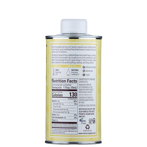 La Tourangelle, Organic Canola Oil, Expeller-Pressed Non-GMO Canola Seeds, Pesticide and Chemical Free, High Heat Neutral Cooking Oil, 16.9 Fl Oz