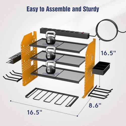 Heavy Duty Power Tool Organizer Wall Mount with Charging Station, 4 Layer Garage Storage Adjustable Shelves Height, Holds 4 Drills, 2 Hooks, Screw & Screwdriver box, Gifts for Fathers Day, Anniversary