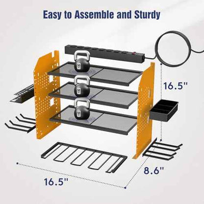 Heavy Duty Power Tool Organizer Wall Mount with Charging Station, 4 Layer Garage Storage Adjustable Shelves Height, Holds 4 Drills, 2 Hooks, Screw & Screwdriver box, Gifts for Fathers Day, Anniversary
