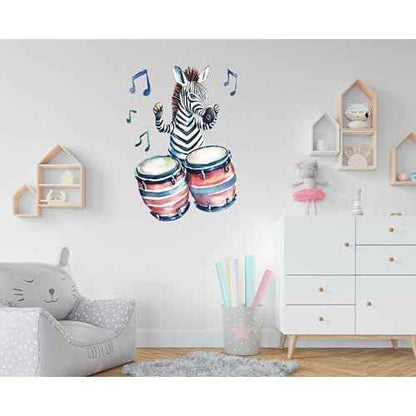 Zebra Play Drum Decal Wall Stickers, Fun Animals Decor Music Vinyl Waterproof Peel Removable Wall Decor for Nursery Kids Baby Bedroom Preschool Playroom Classroom