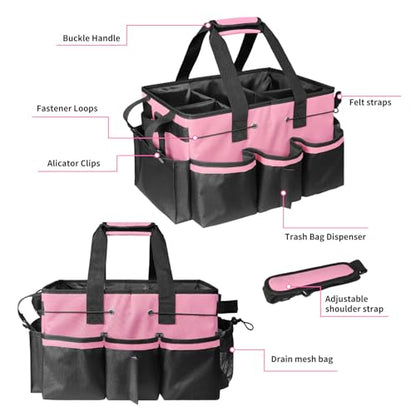 Grekos Wearable Cleaning Caddy Bag, Cleaning Caddy Suppliers Organizer with 4 Foldable Dividers, Handle & Shoulder Straps Cleaning Tool Organizers for Cleaners & Housekeeper (Pink)