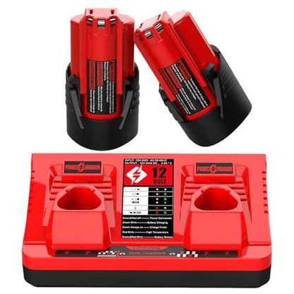 2 Pack 12V Replacement for Milwaukee M 12 Battery 48-11-2420 48-11-2425 48-11-2411 48-11-2401 & 48-59-2401 Dual Port M 12 Charger
