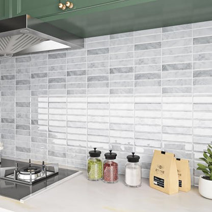 ReWallpaper Marble Peel and Stick Backsplash Waterproof Kitchen Tiles for Wall 12"x12" Removable Grey White Rectangular Subway Tile Self Adhesive Stick on Backsplash for Kitchen Laundry Rooms 3-Sheet