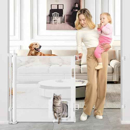Retractable Baby Gate with Cat Door 55" Wide Retractable Baby Gate for Stairs Mesh Baby Gate with Pet Door Retractable Dog Gate for The House Retractable Pet Gate with Door Safety Gates for Toddlers
