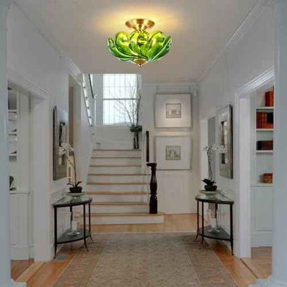 HuixuTe Modern Semi Flush Mount Ceiling Light, 3-Light Gold Close to Ceiling Light Fixture with Green Glass Shade for Living Room Entryway Bedroom