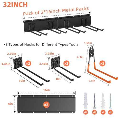 Garage Storage Organization Wall Mount Garden Tool Organizer 32 Inch, 330lbs Adjustable Heavy Duty Metal Hooks, Garage Storage System for Tools, Bikes & Sports Gear Father's Day Gift