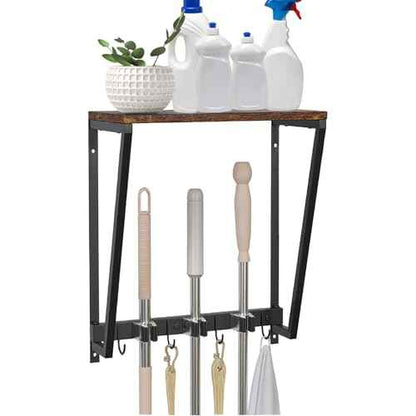Wall-mounted broom and mop storage rack, equipped with mop, broom hanger and grab hooks for cleaning supplies, suitable for kitchens, laundry rooms, garages, utility rooms, closets, etc.