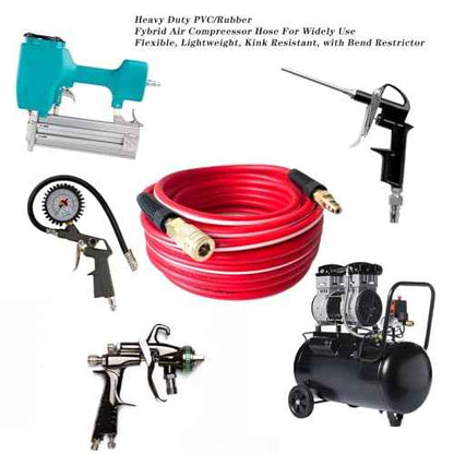 Air Hose 1/4 in x 25 ft, Heavy Duty, Lightweight, Kink Resistant, Hybrid Air Compressor Hose with 1/4 in Solid Brass Male Fittings, Bend Restrictors, 300 PSI(25FT, Red White)