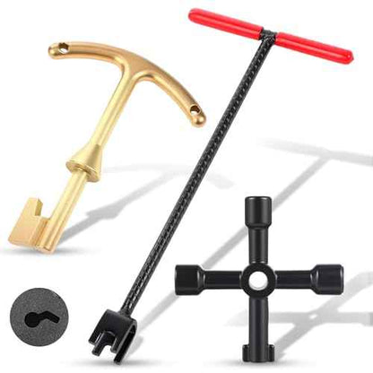 Water Meter Key 16 Inch Enforced Steel Wrench T-handle with 4-way Multi-functional Universal Cross Key Brass Water Meter Box Tool for Curb Main, Underground Stop, Waste Valves (Red, Gold)