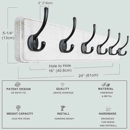 Dseap Coat Rack Wall: 24" Long, Patented, Heavy-Duty, 6-Double-Hooks Wooden Wall Mounted Coat Rack Coat Hanger Hook Rail for Winter Coats Hat Jacket Clothing, White & Black
