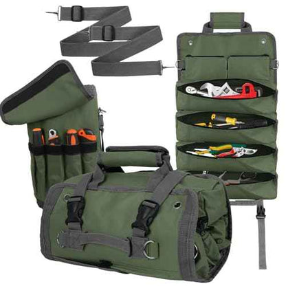 Heavy Duty Tool Roll Bag Organizer with Detachable Pouches, Gift for Men, Father's Day, For Mechanic, Electrician, Plumber, Carpenter (GREEN)