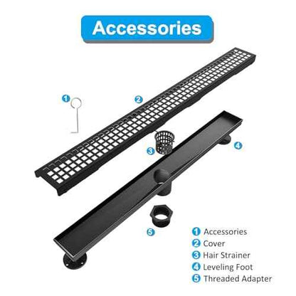 24 Inch Black Linear Shower Drain, Rectangular Shower Floor Drains with Square Hole Cover, 304 Stainless Steel Linear Drain with Leveling Feet, Hair Strainer (Matte Black)