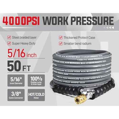 YAMATIC 5/16" Pressure Washer Hose 50FT, Kink Free Replacement Hose with Swivel Quick Connect, Non Marking Hot Water Power Washer Hose Max 212¡ÆF, 4000 PSI Steel Wire Braided & Rubber Jacket