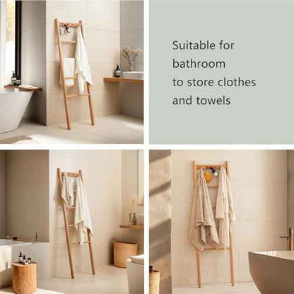Beech Wood Blanket Ladder, 5.3ft Natural Farmhouse Quilt Holder with Top Hooks, 4-Bar Decorative Throw Rack, Towel Shelf for Living Room, Bedroom, Small Space Storage (Natural)