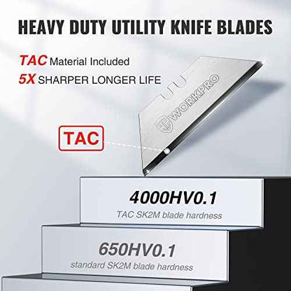 WORKPRO Premium Utility Knife Blades, TAC Diamond Coated SK2M, 10-Pack Utility Blades Replacement with Dispenser