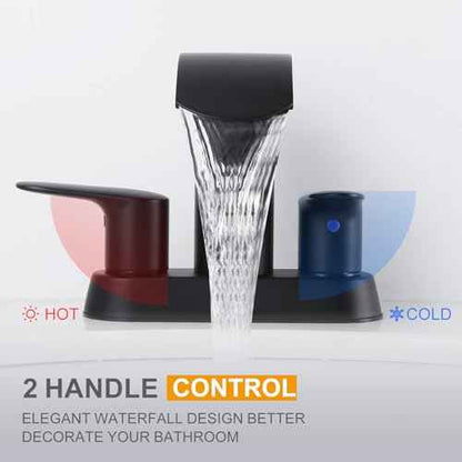 Waterfall Bathroom Faucet 4 Inch Centerset ? WOWOW 2 Handle Matte Black Sink Faucet for 2 or 3 Hole Vanity, Modern Stainless Steel Zinc Alloy with Pop Up Drain and cUPC Hose for Basin