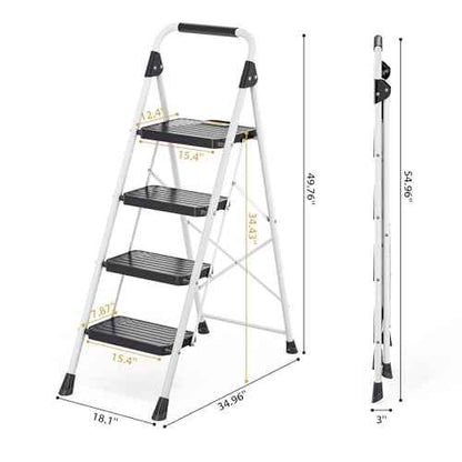 KINGRACK Sturdy Steel 4 Step Ladder, Folding Step Stool with Handrail, Anti-Slip Wide Pedals, Safe-Lock Design, Pass 800lbs Load Testing, Portable Ladder for Multi-Purpose in Home, Kitchen, White