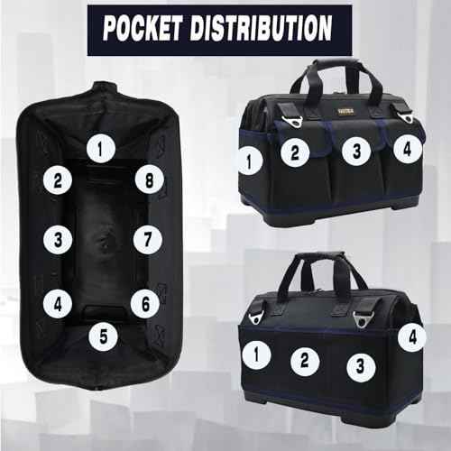 FASTECH 22 Inch Tool Bag, Waterproof Wide Mouth Tool Kit, Heavy Duty Tool Bag Organizer With Shoulder Straps and Molded Base, Tool Storage Package For Screwdrivers, Pliers, Nut Drivers (DarkBlue22IN)