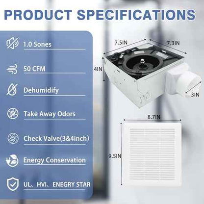 Quiet Bathroom Ceiling Fan,Certified by UL,50 CFM, 1.0 Sones, 4-inch & 3-inch Duct, White, 115V Vent Fan for Bathroom/Shower/Office/Home