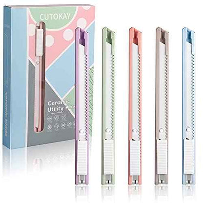 Ceramic Box Cutter Utility Knife Ceramic Blades Finger Safe Paper Knives Retractable Craft Cutter Friendly Cutters for Foam Cardboard Cutting Auto-Lock clip [5-Pack]