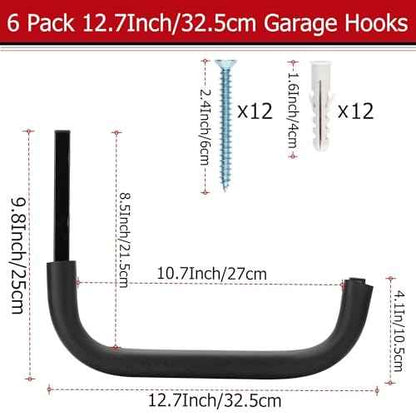 Heavy Duty Garage Storage Hooks, 12.4 Inch Ladder Storage Hanger, Wall Mount Utility Hook for Outdoor Indoor Organizer Folding Chairs, Bike, Tools, Water Pipes