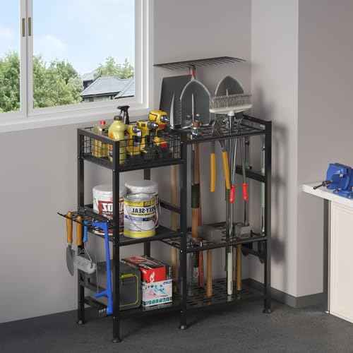 keomaisyto Garden Tool Organizer With Basket - 3 Tier Yard Storage Rack for Garage Organization, Heavy Duty Holder With 35 Long-Handled Slots for Shed, Yard, Garage
