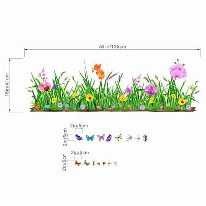 Green Grass Wall Corner Decals - Flowers Butterflies Baseboard Skirting Line Wall Stickers - Living Room Office Bedroom Sofa TV Background Home Wall Decor
