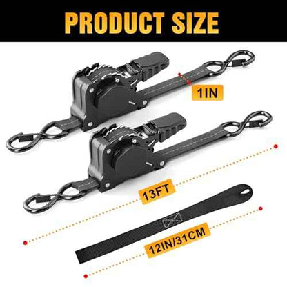 Retractable Ratchet Straps, 1 inch ¡¿ 13 Feet Heavy Duty Auto Self Retractable Ratcheting Tie Down Straps 1500lbs Break Strength, Automatic Ratchet Strap for Truck Bed Cargo Trailer, 4 Pack