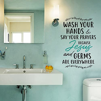Wash Your Hands & Say Your Prayers, Cause Jesus & Germs are Everywhere Christian Vinyl Wall Decal Religious Quotes Art Bathroom Decor, New Home Gift (15''¡¿22'')