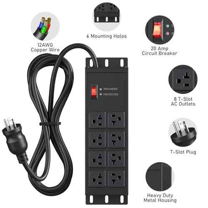 JUNNUJ Heavy Duty 20 Amp Surge Protector 4800J, Garage Metal 8 Outlets 12 Gauge, High Amp 5-15P Adapter Shop 6-20R T-Slot Industrial Outlet, 25 FT Extension Cord Commercial for Appliance
