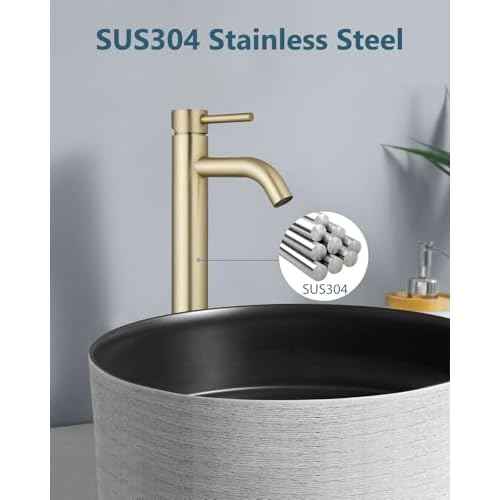 Aolemi Vessel Sink Faucet ? SUS304 Stainless Steel Tall Bathroom Faucet,Single Lever Handle,1 Hole Bathroom Faucets with Supply Lines and Pop Up Drain,Brushed Gold