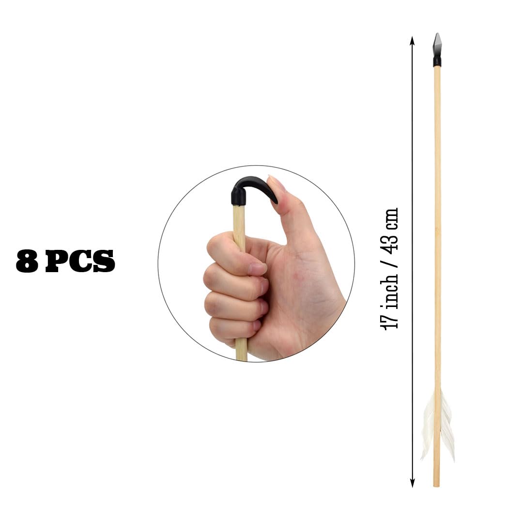 Basbon 8 Pcs Wooden Feather Arrows Soft Rubber Tips, 17 Inch Handmade Wooden Toy Arrow for Kids and Beginners, Archery Bows Outdoor Play Cosplay Costume Decoration