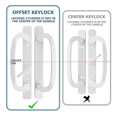 Keyed Sliding Patio Door Handleset, 45¡Æ Keyway, 3-15/16" H.C., Fits 1-3/8" to 2" Thick Doors, Non-Handed, White Diecast, Offset Position with Mortise Lock and Keeper£üOff Center Thumb Latch