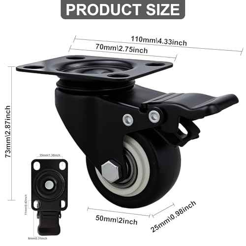 2 Inch Caster Wheels Set of 20 Heavy Duty Casters,with Brake,No Noise Locking Polyurethane (PU) Wheels, for Furniture and Workbench Load 800lbs