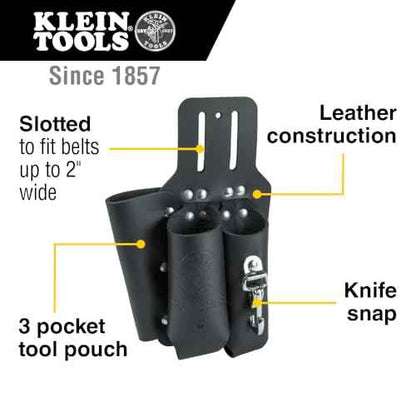 Klein Tools S5118PRS Leather Tool Holder with 3 Pockets for Pliers, Folding Rule, Screwdriver and Knife Snap, Fits Belts up to 2-Inch Wide