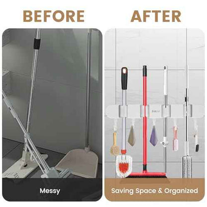6PCS 4 Racks and 5 Hook Broom Mop Holder with Hooks Wall Mounted Broom Storage Rack No Drilling Self-Adhesive Mop Broom Organizer Mop Holder Hanger for Bathroom Office Kitchen Closet Garage,White