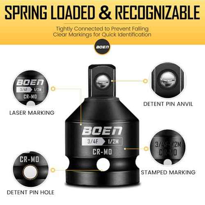 boen 2-Pieces Impact Socket Adapter and Reducer Set, 1/2"F to 3/4"M Adapter & 3/4"F to 1/2"M Reducer, Standard Square Driver & Wrench Conversion Kit, CR-MO Steel