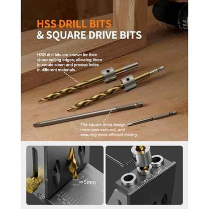 Kolvoii Pocket Hole Jig, Professional Adjustable Pocket Screw Jig for Strong Joints, Versatile Drill Guide Jig for Materials 1/2" to 3 1/8" Thickness with Storage Case