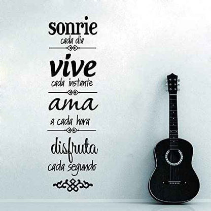 Spanish Inspirational Family Rules Wall Decal - Sonr?e, Vive, AMA Quote for Dining Room and Living Room - Removable PVC Vinyl Art - 11"x38" (Black-JWH283-Sonrie)