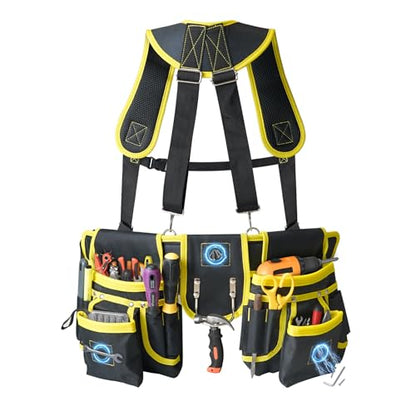 Tool Belts for Men with Suspenders - Magnetic Tool Pouch 26 Pockets Heavy Duty Work Belts - Detachable Adjustable Tool belt Pouch Bag for Electrician, Carpenter, Construction