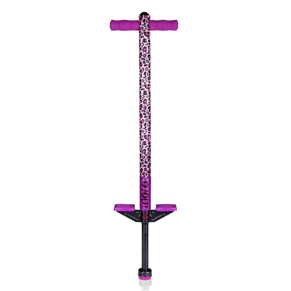 Flybar Jolt Pogo Stick for Kids, Perfect for Beginners w/ Foam-Covered Metal Frame, Handles & Padding, Non-Slip Foot Pads, Wide Tip, Outdoor Active Play Toy for Boys & Girls, Ages 6+, Leopard