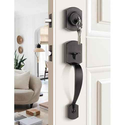Camelot Front Door Handle and Deadbolt Set, Front Door Lock Set, Oil-Rubbed Bronze Finish, Upgated Entry Door Handle with Accent Wave Door Lever with Reversible Handle Lever, 1 Pack