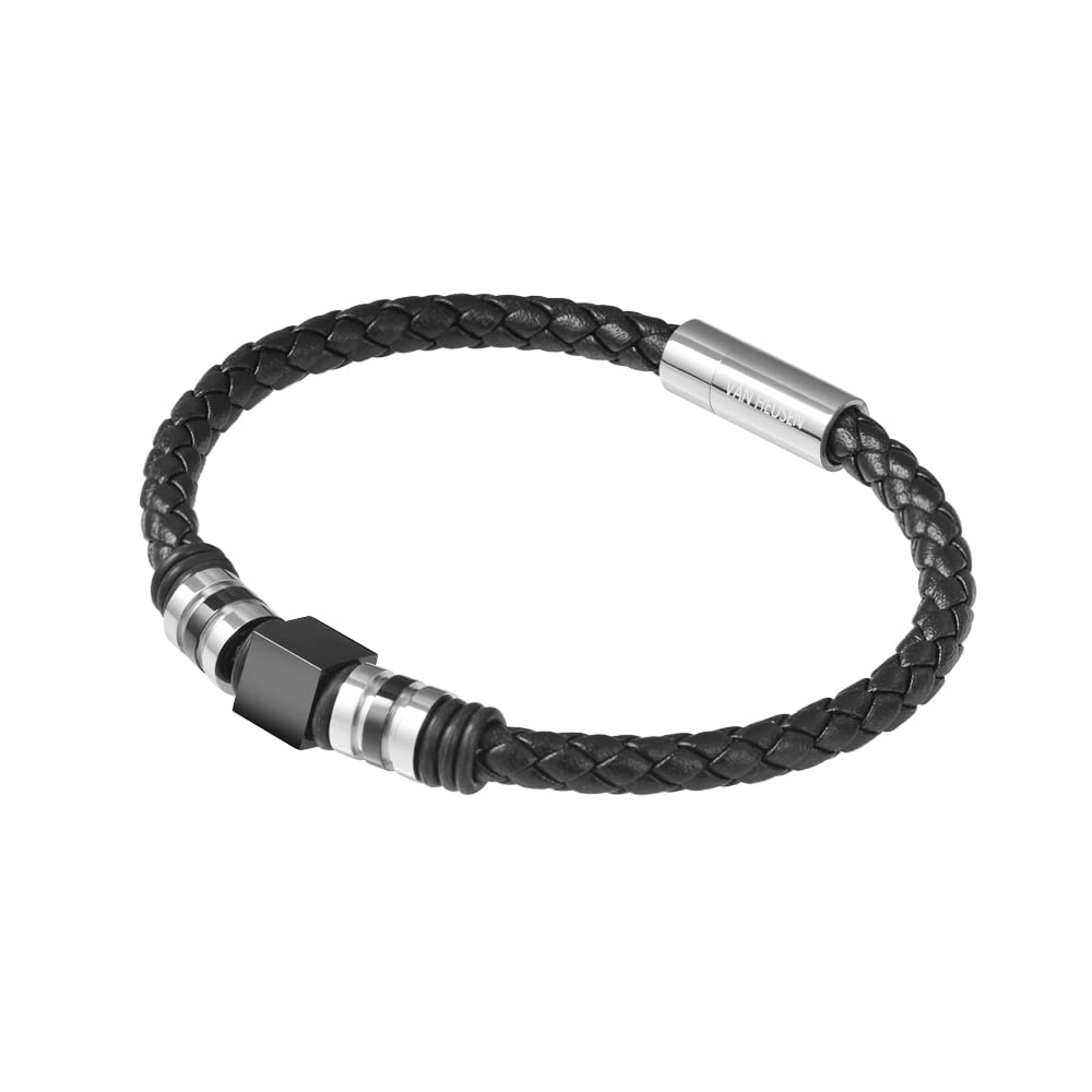 Van Heusen Men Braid Leather Bracelet with Stainless Steel Ornaments (Black, Stainless Steel)