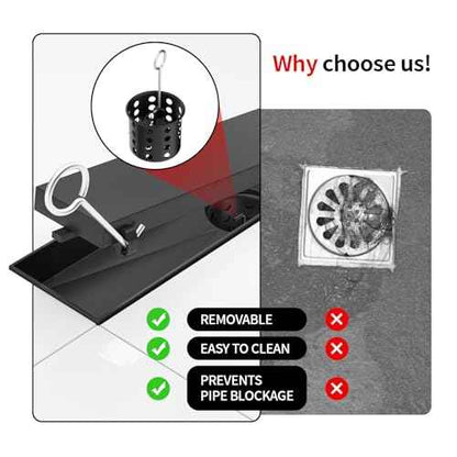 Linear Shower Drain, 304 Stainless Steel with Adjustable Leveling Feet, Hair Strainer,Reversely Install Place to Create an Invisible Floor Drain - Black -16-Inch