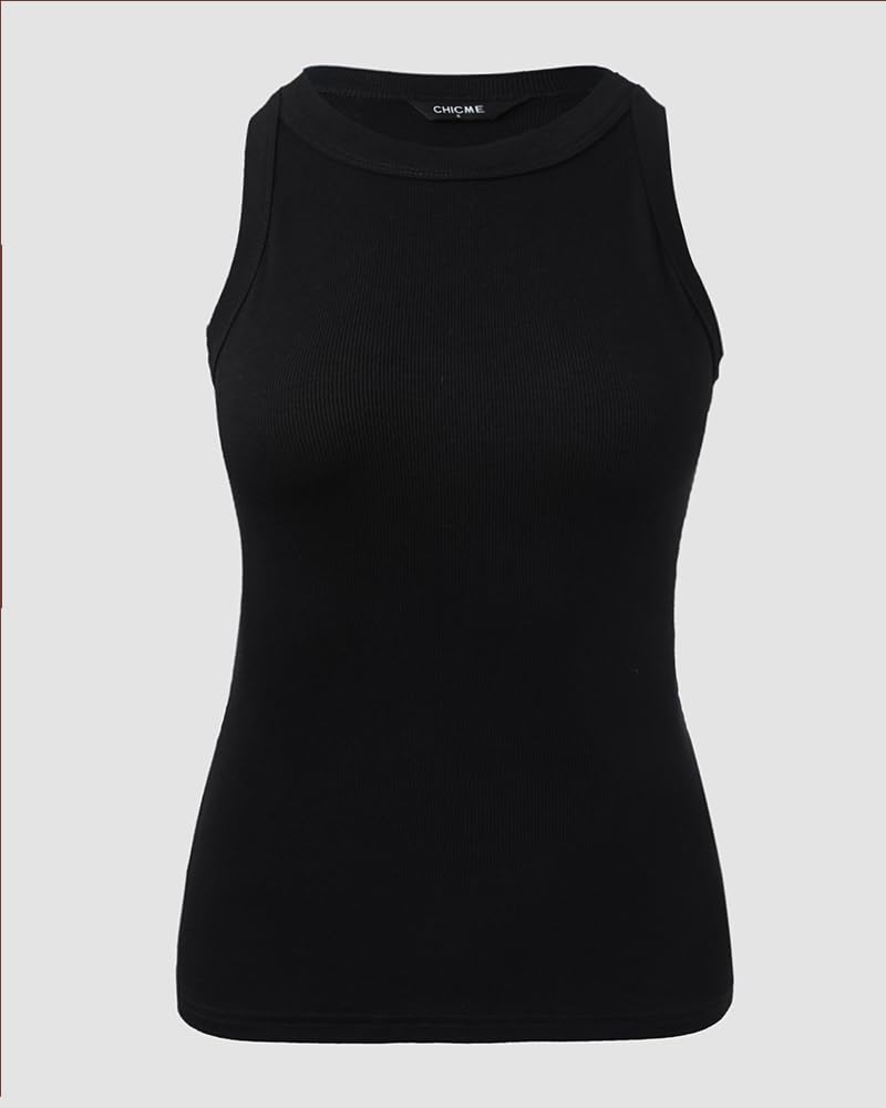 CHICME Womens Sleeveless Tank Top Summer Casual Ribbed Racerback Basic Fitted Thick Strap Black Shirts Top-M