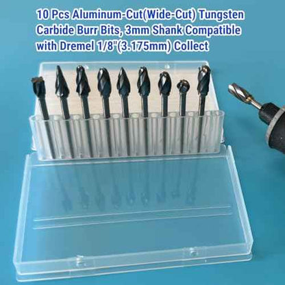 10 Pcs Carbide Burr Set 1/8" Shank Compatible with Dremel Bits Aluminum Cut (Wide-Flute Cut) Rotary Tools Attachment Kit Rasp Drill Accessories Metal Wood Stone Steel Grinding Carving Cutting