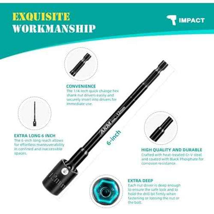 9-Piece Long Universal Nut driver set, 6 inch 360¡ÆRotatable Hex Shank Impact Driver Socket Adapter Impact Socket Adapter 150mm 3/8 1/4 Cr-V Metric