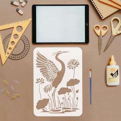 FINGERINSPIRE 6 PCS Cranes Painting Stencil with 1Pc Plastic Paint Brush, 8.3x11.7inch Lotus Flowers Leaves Stones Pattern Stencil for DIY Home Decor