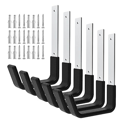 Heavy Duty Utility Hooks - Wall Mount, Hooks for Garage, Hose, Bike, Ladder, Leaf Blower Hanger (6 Medium)